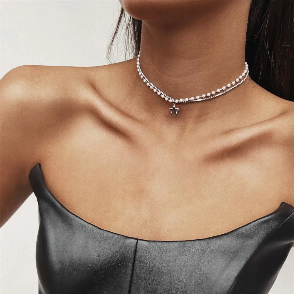 Boho Fashion Multilayer Gold-Plate Artificial Pearl Crystal Chain Necklace for Women Female Vintage ...