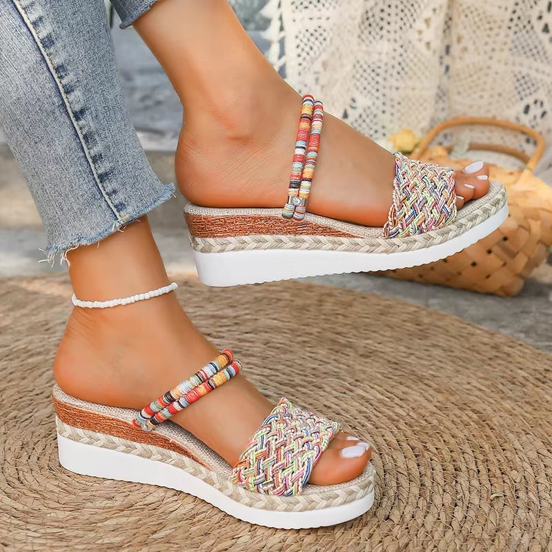 Summer Beach Vocation Bohemian Sandals Woman Wedge Heels Colorful Woven Platform Slippers Women plus Size 43 Sandalias De Mujer