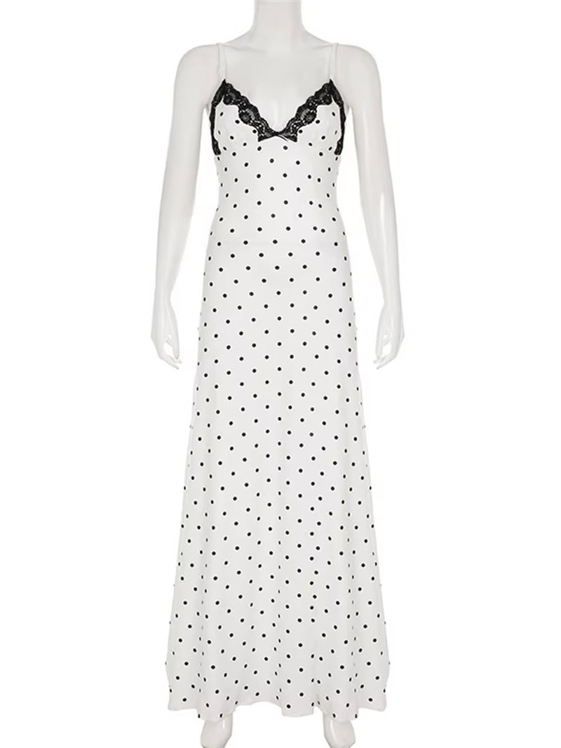 Lace V-Neck Patchwork Maxi Dress Women Backless High Waist Slim Spaghetti Contrast Party Dress Female Spring Long Dress