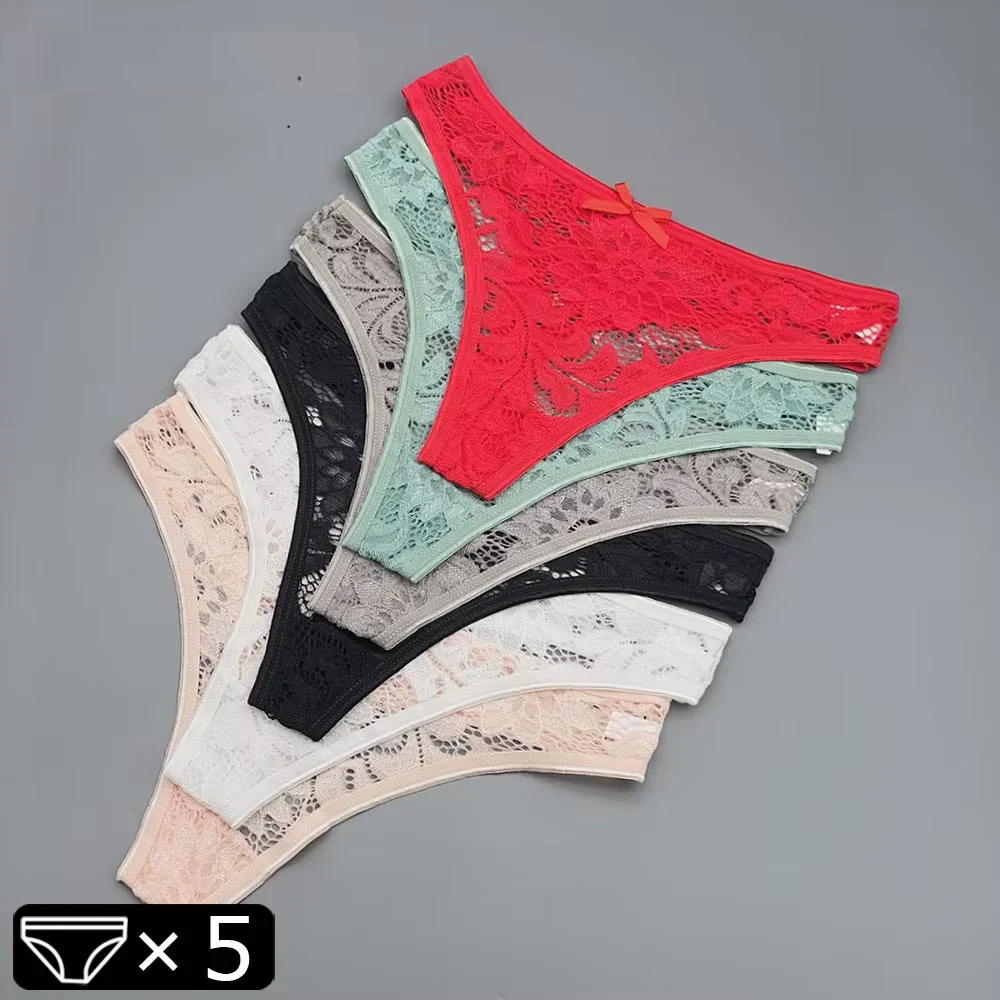 5Pcs Lace Thongs Woman Underwear Lingerie for Women T-Back Ladies Transparent G-String Girls Panties