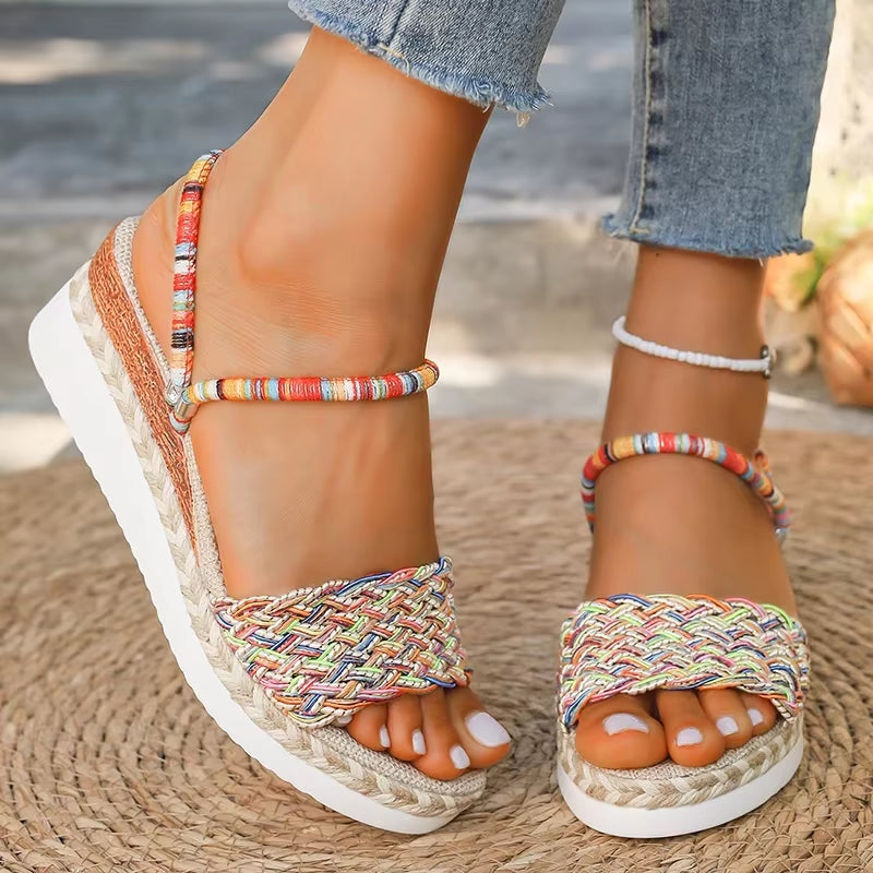 Summer Beach Vocation Bohemian Sandals Woman Wedge Heels Colorful Woven Platform Slippers Women plus Size 43 Sandalias De Mujer