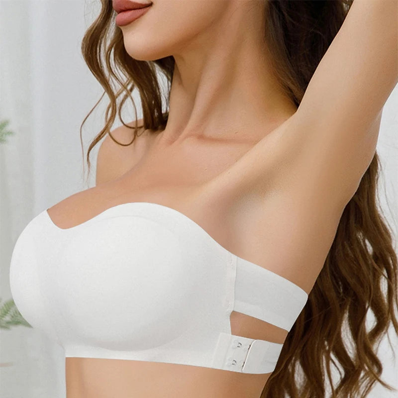 Detachable Soft Padded Ice Silk Seamless Bra No Shoulder Straps Cross Side Buckle Bra Sexy Strapless anti Slip Women Underwear