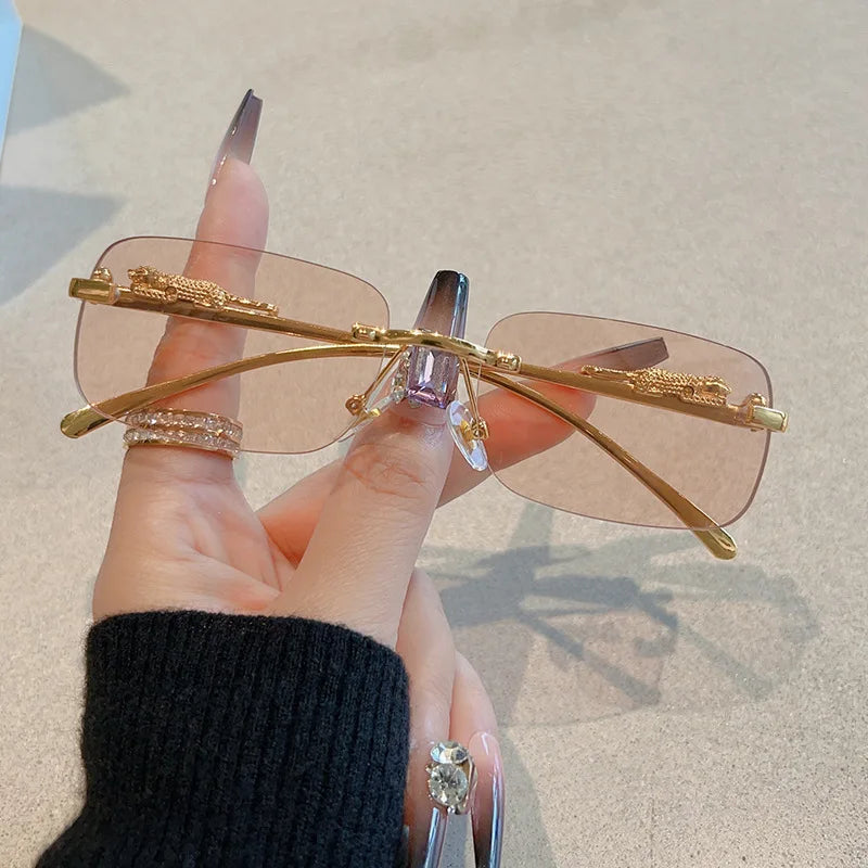 1/12Pcs Brand Leopard Rimless Rectangle Sunglasses Fashion Y2K Frameless Sun Glasses Shades for Women Men UV400