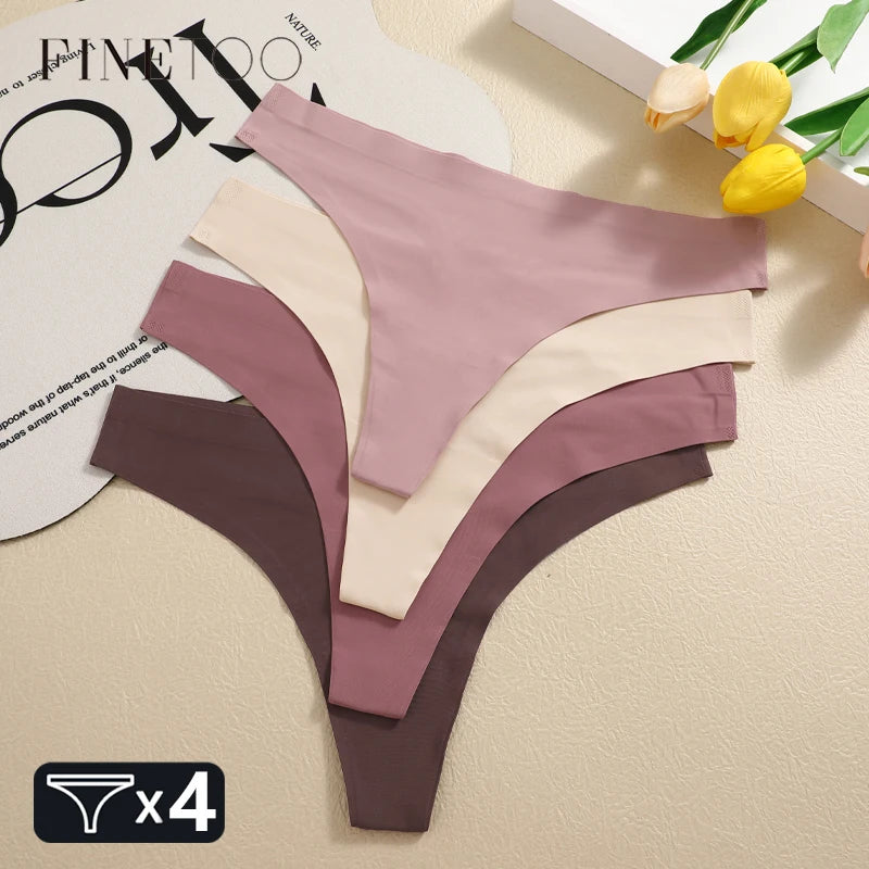 4PCS Ultra-Thin Seamless Underwear Women'S Invisible Panties Sexy Ice Silk Thongs Low Waist Breathable Bikini Stretchy Lingerie